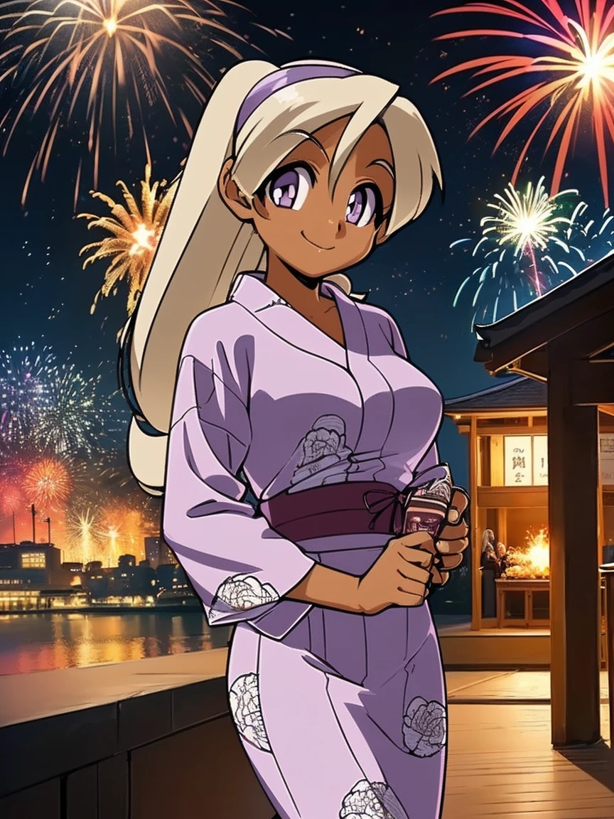 アニメ,アニメ style,high resolution、high quality、masterpiece、4K,8K,(yukata,large breasts),((pony tail,(Hyuuga miki,Final Romance, Long hair, Blonde hair,((Brown skin)),purple eyes)),smile),(shrine、firework、Night view、crowd、looking at viewer:1.4)