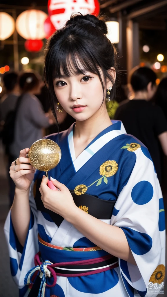 (8K, Realistic, RAW Photos, Highest quality: 1.4, detailed),Japanese idol-style beautiful girl,1 person,18-year-old,(Black Hair),Hair is in a bun,Large, clear grey eyes,Long eyelashes,(piercings(small)),(Lip gloss),lips(Plump,glossy),yukata(Japan Traditional Dresses,Long length),band,Night Festival,Knee Top Portrait