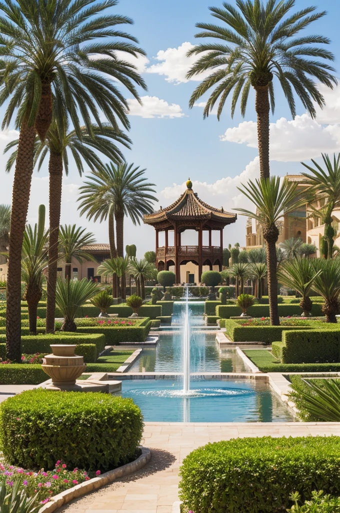 Oasis in the desert, Blooming gardens, flowers, palm trees ,Fountains, summer palace