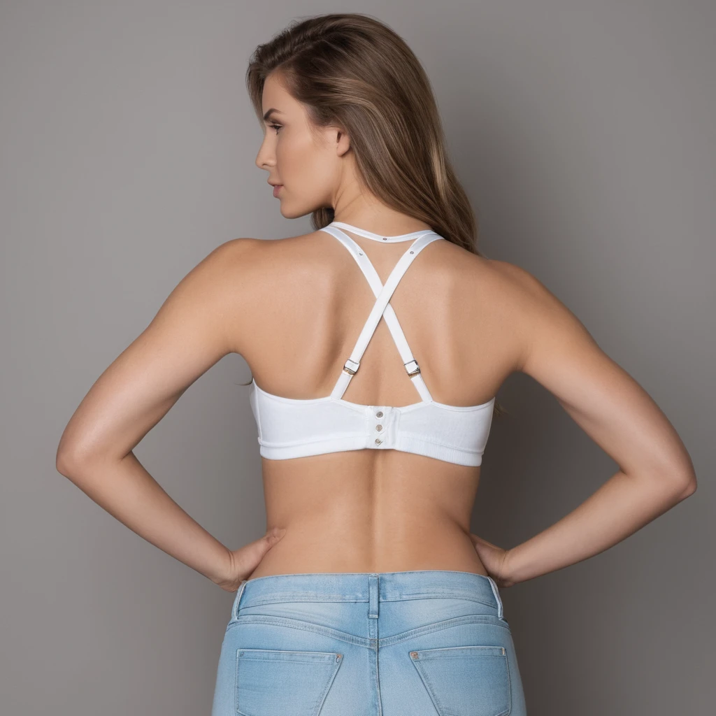 Slim sexy back of beautiful american white girl wearing white bra and jeans from backside and she has turned her face behind and looking at the camera