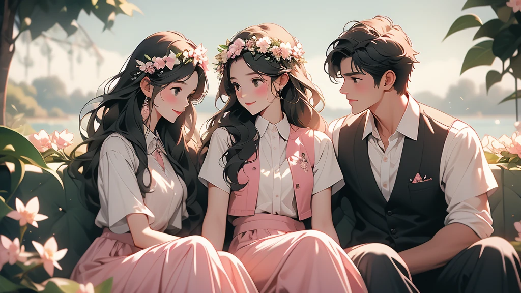 this is a picture of a couple that are sitting sitting next to each other, shirt, 1girl, black hair, smile, sitting, white shirt, flower, outdoors, pink skirt, looking at another, pants, white flower, 2boys, skirt, day, long hair, head wreath, collared shirt, vest