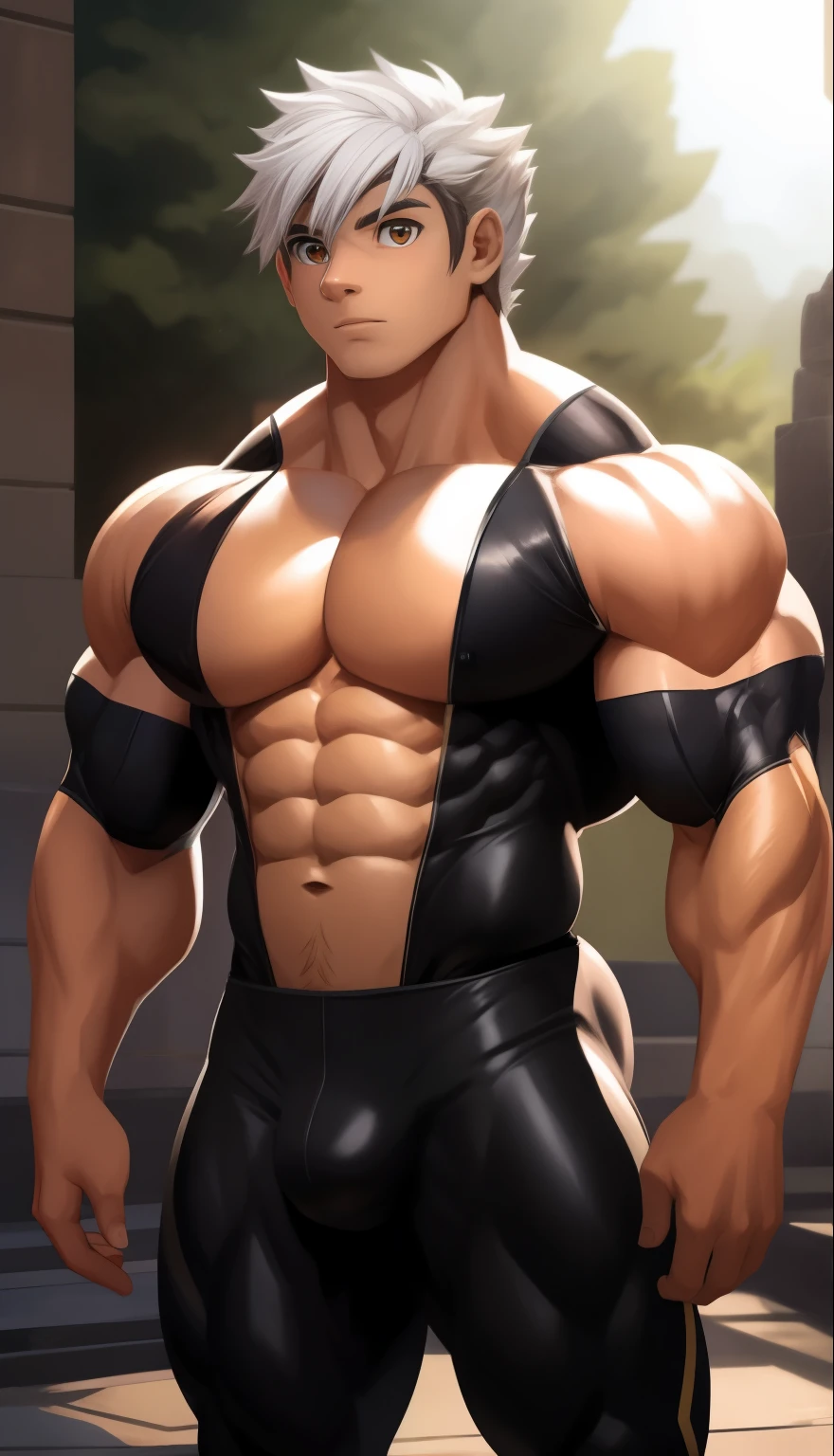 A ( face) 15 year old teen (15 yearsttractive boy, standing, full body. Mexican ethnicity. tanned skin, silver white hair, short hair bangs that fall on both sides of his youthful face. carefree expression, young man, alone, marked muscles, beautiful musculature, aesthetic stretch marks, inspiring physique, slender muscles, square pecs, beautiful V-cone, excellent abs and torso, chiseled abs, pectorals chiseled, perfect massive muscles, inflated muscles, voluminous pectorals, massive muscular body, a huge gigantic chest with a narrow waist, huge shoulders, ridiculously well-shaped large pecs, eight chiseled abs, (very toned and huge) with his military haircut and voluminous neck, narrow waist, golden eyes, young face, beautiful, young. Teen muscular young builder with extraordinary and firm back, chiseled muscles, rhomboid muscles, latissimus dorsi. Gigachad. he wears a Use Vegeta's training suit. A tight one-piece suit from the neck to the ankles, black in color, the suit has no sleeves, it does not use a belt. The black shirt and pants are a single piece of clothing, the shirt has a U neck, has no sleeves and highlights his prominent abdominals and pectorals. He doesn't wear a belt. His muscles stand out. He wears white gloves on his hands, and white boots. Ruins of a Jedi temple with forest background. standing, full body. (((Back))) huge firm muscular thighs, round buttocks and round butt with back, huge ass ((firm buttocks)) with big booty. (((black clothes)))