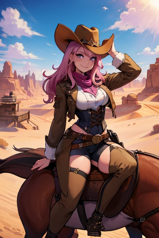 A pink haired female cowgirl with violet eyes with an hourglass figure in a conservative cowgirl outfit is riding a horse with a big smile through the desert