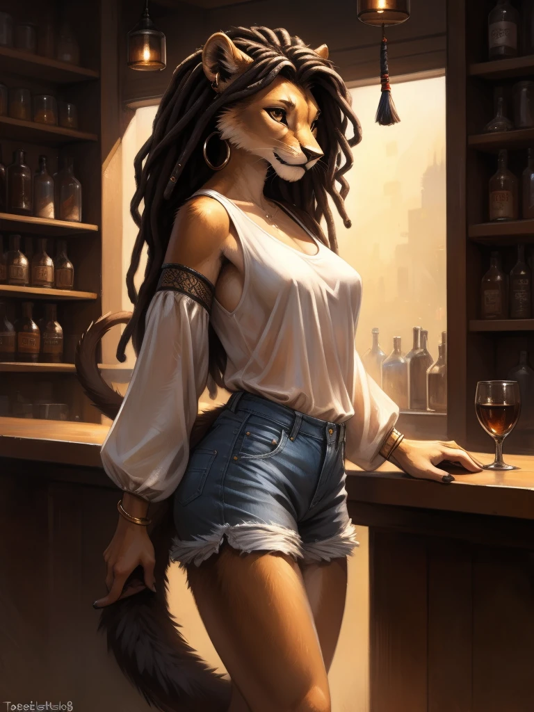 by kenket, by totesfleisch8, (by thebigslick, by silverfox5213:0.8), (by syuro:0.2), а lion, female, in full growth, brown fur, light brown eyes, long black dreadlock hair, tail with a tassel, metal ring on tail, wearing short tight denim shorts, white semi-transparent T-shirt with elbow-length and wide sleeves, one of the shoulders is bare, black lace bra shines through clothes, metallic beads and hoop earrings in the ears, leaned against the bar counter, arched back, black clutch bag hanging on her shoulder