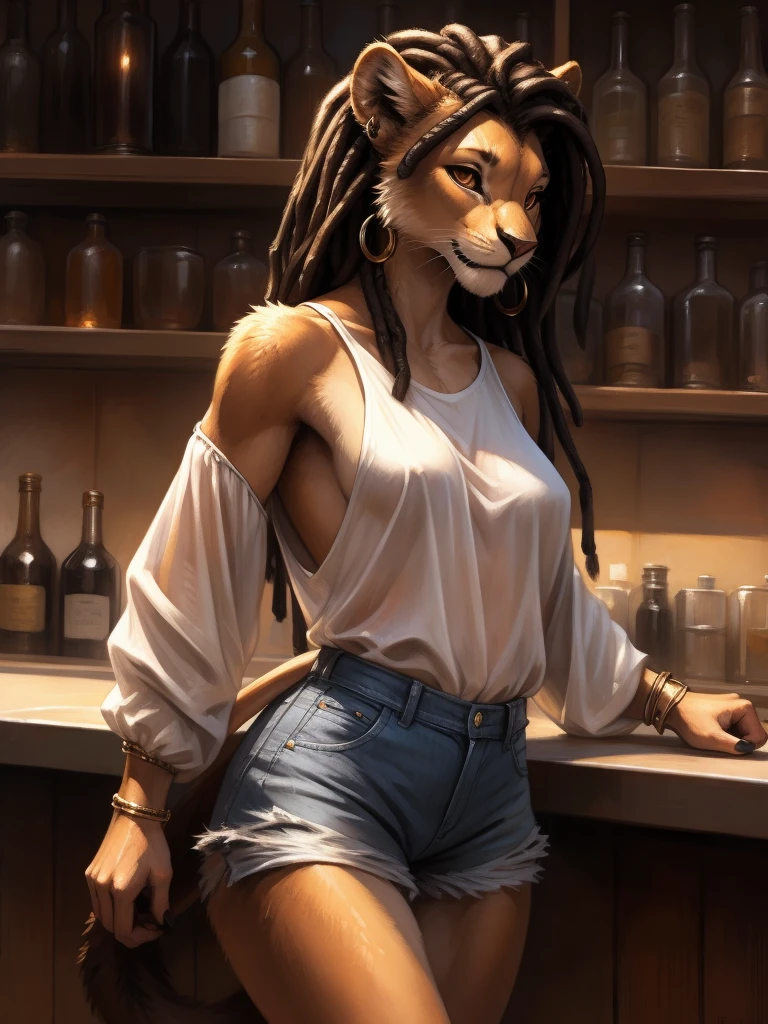 by kenket, by totesfleisch8, (by thebigslick, by silverfox5213:0.8), (by syuro:0.2), а lion, female, in full growth, brown fur, light brown eyes, long black dreadlock hair, tail with a tassel, metal ring on tail, wearing short tight denim shorts, white semi-transparent T-shirt with elbow-length and wide sleeves, one of the shoulders is bare, black lace bra shines through clothes, metallic beads and hoop earrings in the ears, leaned against the bar counter, arched back, black clutch bag hanging on her shoulder