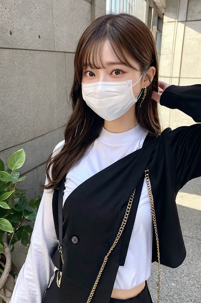 masterpiece、Flat Color、Depth of written boundary、Lens Flare 1 Girl、、Brown Hair、Staring at the audience Black suspenders bulging big breasts Armpit sweat sweating 両手のside wall: Black trousers, Black Jacket Chain arms sight Small face bangs over eyes side mask