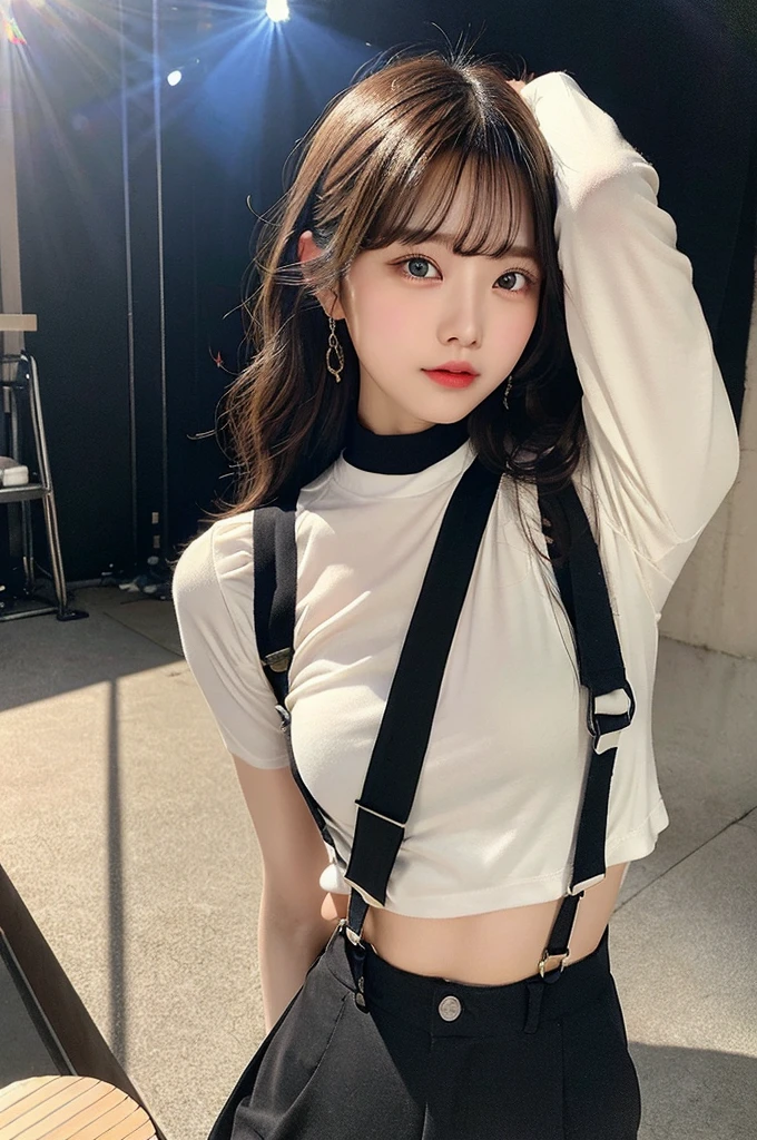 masterpiece、Flat Color、Depth of written boundary、Lens Flare 1 Girl、、Brown Hair、Staring at the audience Black suspenders bulging big breasts Armpit sweat sweating 両手のside wall: Black trousers, Black Jacket Chain arms sight Small face bangs over eyes side mask