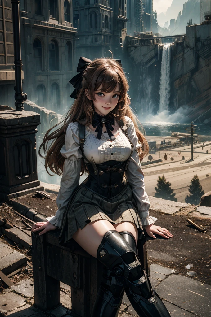 cowboy shot, smile, underbust, Penny Polendina, long hair, neck ribbon, suspender skirt, corset, black bow, white blouse, mechanical legs, neon trim, sitting in city ruins on hill, in valley, BREAK mountains in background, waterfall, crowd, (crowd in military dress), post-apocalypse, dystopian future, (volumetric lighting), intricate details, tonemapping, sharp focus, hyper detailed,