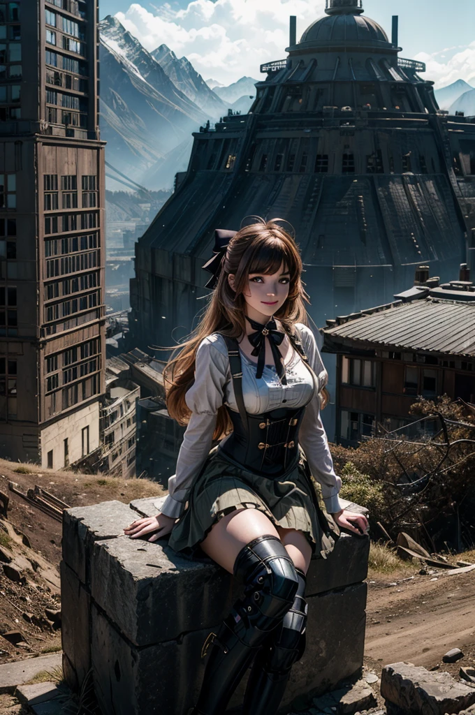 cowboy shot,  smile,  underbust, Penny Polendina, long hair, neck ribbon, suspender skirt, corset, black bow, white blouse, mechanical legs, neon trim, sitting in city ruins on hill, in valley, BREAK mountains in background, waterfall, crowd, (crowd in military dress), post-apocalypse, dystopian future, (volumetric lighting), intricate details, tonemapping, sharp focus, hyper detailed, 

