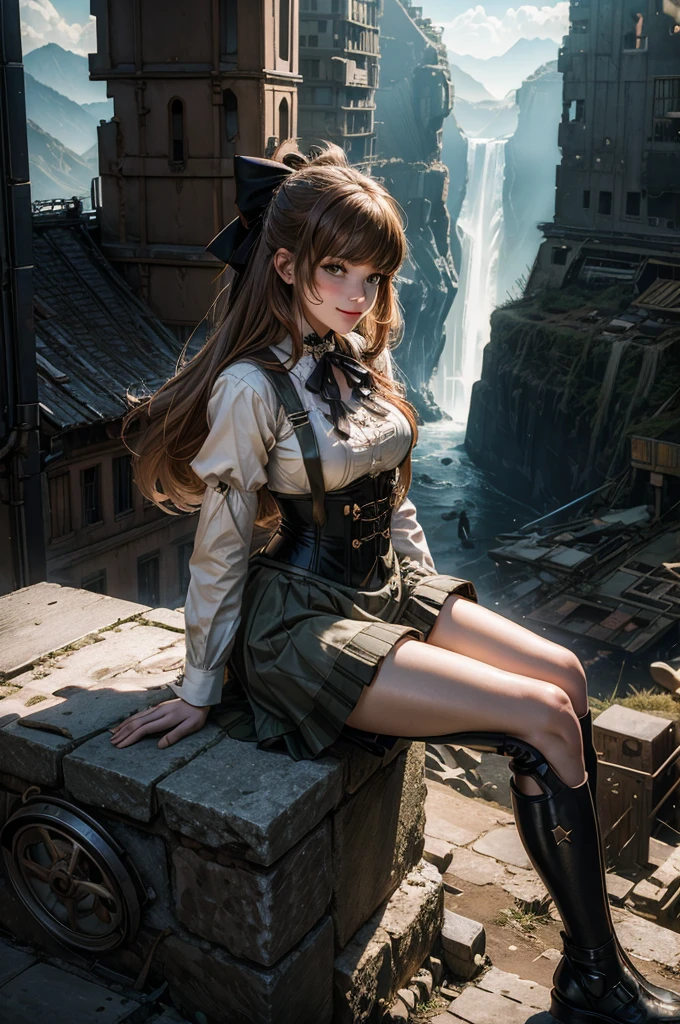 cowboy shot, smile, underbust, Penny Polendina, long hair, neck ribbon, suspender skirt, corset, black bow, white blouse, mechanical legs, neon trim, sitting in city ruins on hill, in valley, BREAK mountains in background, waterfall, crowd, (crowd in military dress), post-apocalypse, dystopian future, (volumetric lighting), intricate details, tonemapping, sharp focus, hyper detailed,