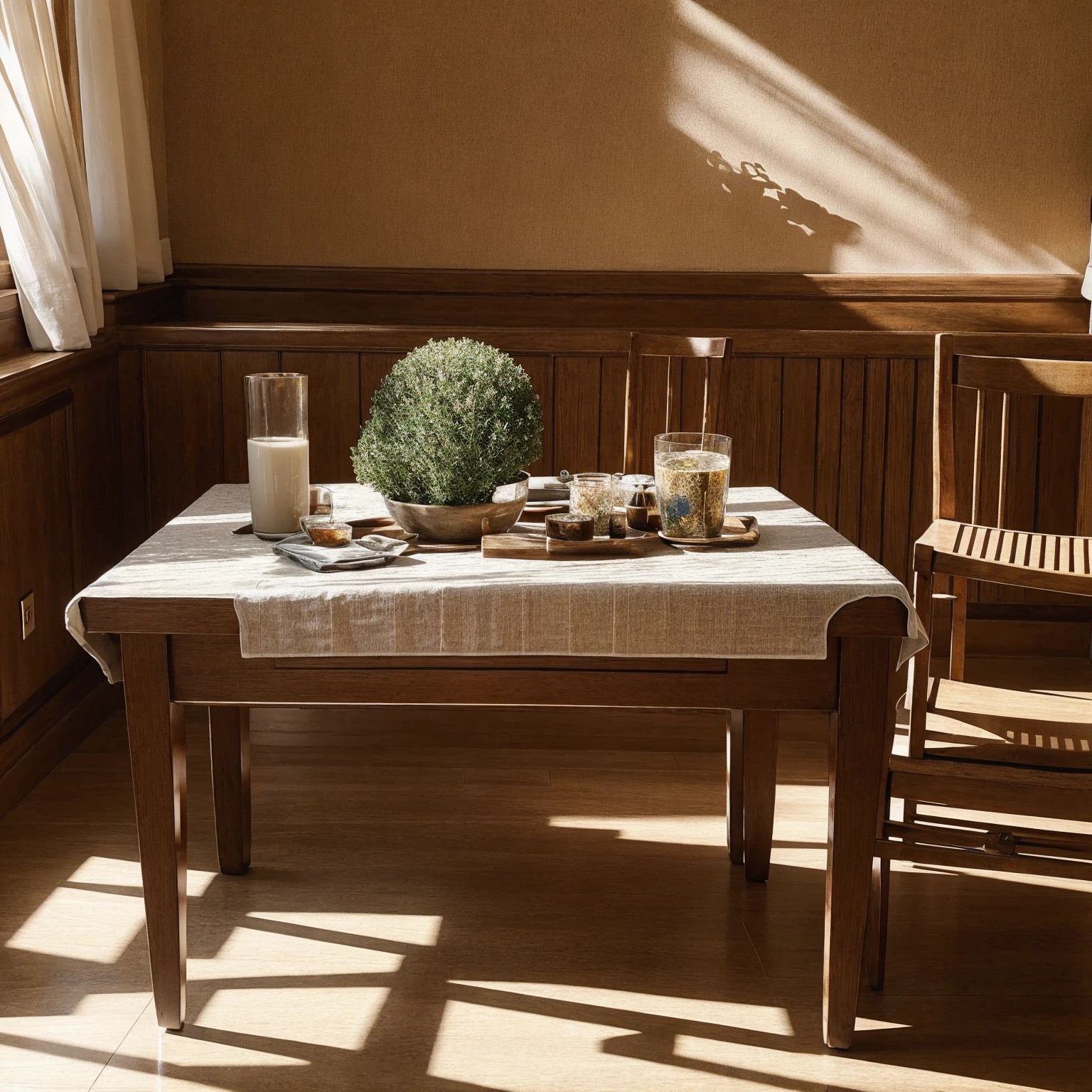Highest quality,masterpiece、There are glasses on the table、living、morning、bright