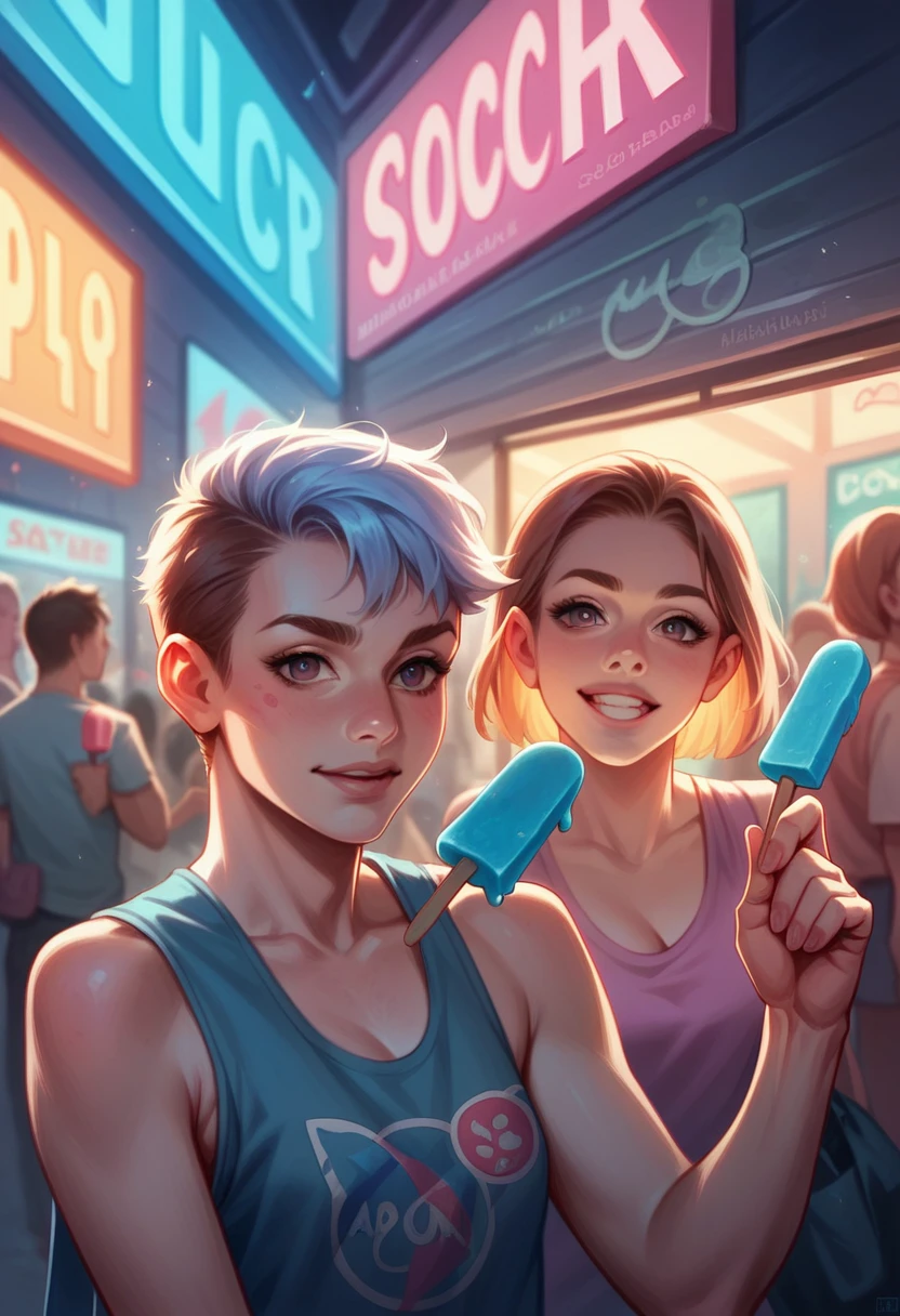 a group of people enjoying ice creams and popsicles, ultra hd background suitable for the moment, marketing for ice cream shop with a catchy phrase to attract customers, detailed people, realistic textures, bright vibrant colors, soft lighting, inviting atmosphere