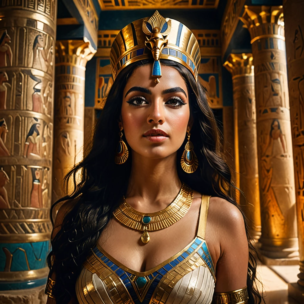 (half length portrait:1.4), low angle, cleopatra, a beautiful woman with long dark hair, detailed face, deep eyes, full lips, wearing a golden crown, in a lavish ancient Egyptian palace interior, dramatic lighting, ornate columns, rich fabrics, (best quality,4k,8k,highres,masterpiece:1.2),ultra-detailed,(realistic,photorealistic,photo-realistic:1.37),intricate details,cinematic lighting,chiaroscuro,dramatic shadows,warm color palette,dramatic poses, beautiful egyptian queen,regal,elegant,majestic