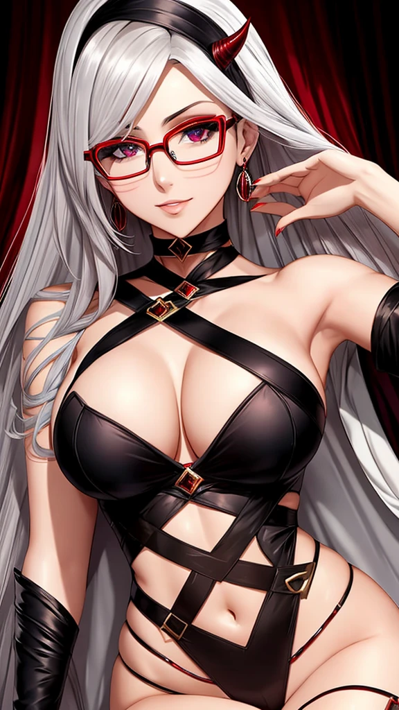 A seductive woman, with prescription glasses, red eyes, a devilish appearance, sex, seductive in the eyes