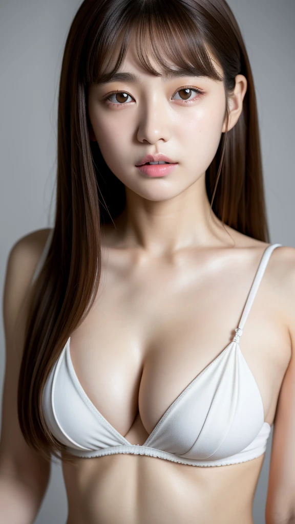 (best quality, 8k, 32k, masterpiece, UHD:1.2), ultra high resolution, (pretty a Korean teen girl of 13 years old), beautiful detailed eyes, long brown hair, bangs, large breasts, cleavage, portrait