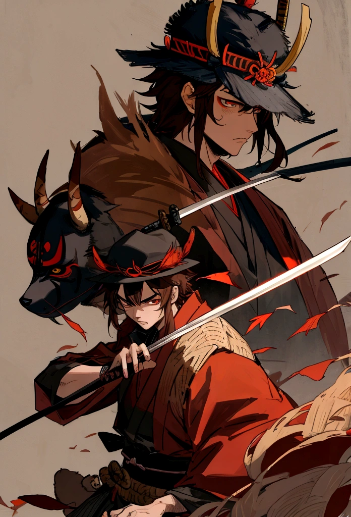 A demon samurai, wears a woven mask, has leaves on his hat, has brown hair, is half Tanuki, has a samurai sword.