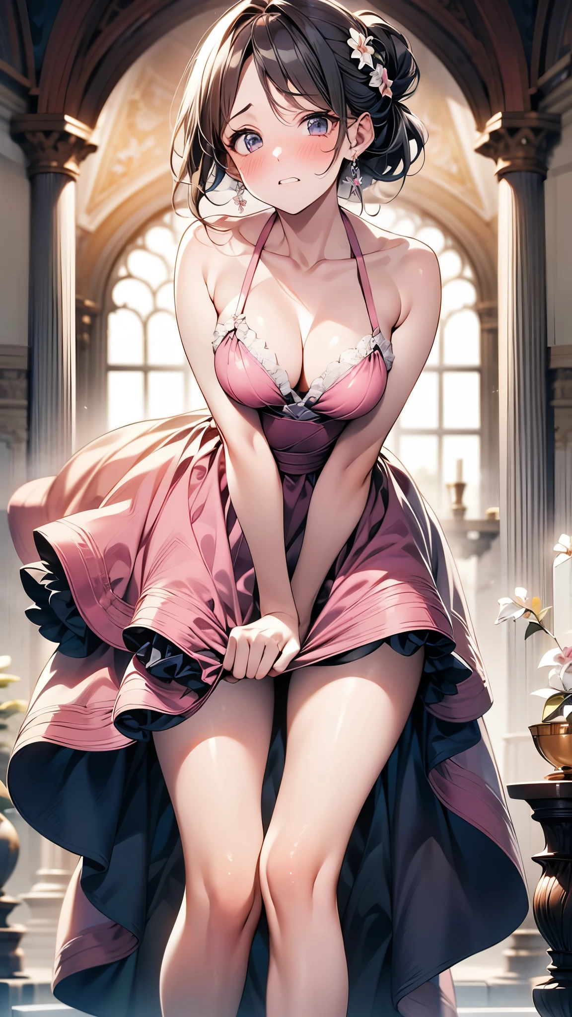 (1 person、alone:1.1), Beautiful woman, Anatomically perfect body, Slender、(chiffon, Casual Dresses), Halter neck、 (looking at viewer), (detailed panty), (Pussy juice:1.1)、22 years old、(Highest quality)、Black Hair, (half updo:1.2), Party Venue、(8K, High resolution)、(shy:1.4)、medium breast, Thin legs、Inner thighs、Leaning forward、(steam:1.1), (embarrassed:1.3), High heels、High definition beautiful face、wide shot