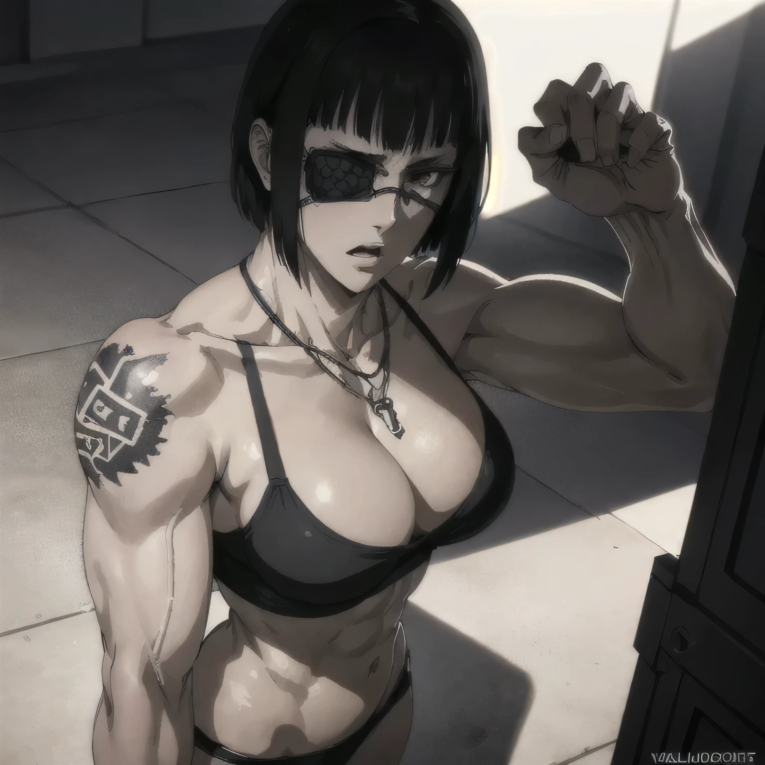 (best quality,ultra-detailed,realistic:1.37),musclaur badass girl with sculpted body have a tattoos wearing nothing and her penis appear, full review of the female character face and body, intense expression, strong and confident posture, studio lighting, vivid colors, physiologically-based rendering, grungy texture, rugged background, dust particles in the air, commanding presence, professional, powerful, gritty aesthetics،short hair,necklace,six-pack,eyepatch,handsome look,Valmet prime muscles,,close eyes,,penis growth,Erect penis, penis in perfect size,penisQuiron,Thick penis,standing,Blowjob,girl belowjod 