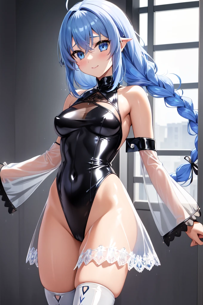1girl,solo,cowboy shot,(standard height),standing,(blue hair:1.2),long hair,twin braids,ahoge,hair ribbon,(blue eyes:1.2),(beautiful fingers:1.2),(perfect anatomy:1.4),(arms_behind_back:1.4),(cold_shoulder:1.4),(pastel blue leather lace glossy silk lamé leotard:1.6),(latex luster shiny glossy metallic:1.4),(shiny_clothes:1.4),(medium breasts:1.4),(masterpiece:1.2),best quality,(Ultra high definition eyes:1.2),8k,(Beautiful detailed eyes:1.2),(Fine and beautiful eyes:1.2),(pretty eyes:1.2),finely detail,extremely CG, absurdres,high resolution,illustration,Detailed and beautiful outlines,finely detail,high resolution,(colorful refraction:1.4,Increase saturation:1.2),beautiful lighting,dynamic lighting,closed room,black background,simple background, smile,looking at viewer,roxy, white dress, neck ribbon, black ribbon, brown cape,(white Clear PVC sheets sleeves:1.4),(sheer sleeves:1.4),(see-through sleeves:1.4),(wide sleeves:1.2),(pastel blue thigh boots:1.2)