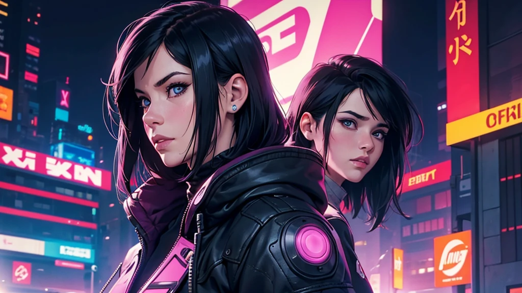 (masterpiece), (best quality), (very detailed), ((1 woman)), (cyberpunk), future city background, ghost in the shell, detailed eyes, Detailed nose, Detailed lips, perfect face, perfect body, Side face and upper body expression, Place a small person on the left side of the picture, movie poster, landscape