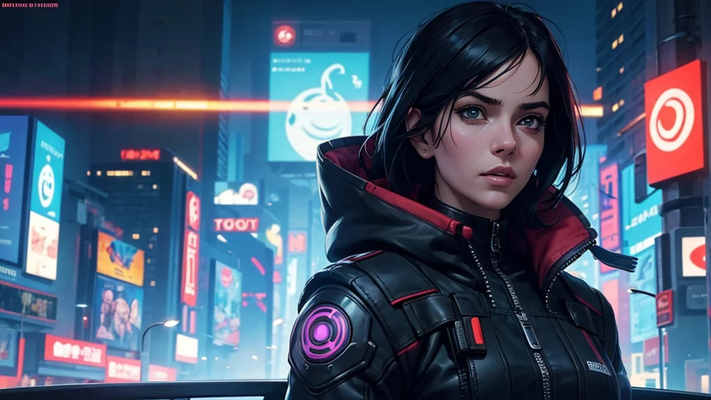 (masterpiece), (best quality), (very detailed), ((1 woman)), (cyberpunk), future city background, ghost in the shell, detailed eyes, Detailed nose, Detailed lips, perfect face, perfect body, Side face and upper body expression, Place a small person on the left side of the picture, movie poster, landscape