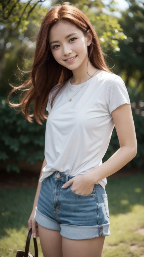 A young woman with long, red hair stands in a park, her face lit by the warm glow of the sun. She is wearing a white t-shirt and denim shorts, and her hands are tucked into her pockets. She is looking off to the side, a smile playing on her lips. She looks carefree and happy.

[Photography, natural light, candid, soft focus, shallow depth of field, muted colors, warm tones, natural texture], [Inspired by the work of Annie Leibovitz and Peter Lindbergh], [Lens: 50mm, f/1.8, ISO 100, shutter speed 1/125 sec, natural light, soft focus, warm tones, muted colors, natural texture, green grass background]