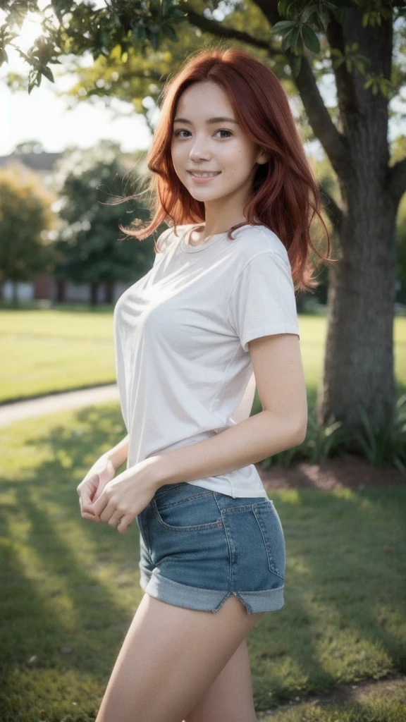 A young woman with long, red hair stands in a park, her face lit by the warm glow of the sun. She is wearing a white t-shirt and denim shorts, and her hands are tucked into her pockets. She is looking off to the side, a smile playing on her lips. She looks carefree and happy.

[Photography, natural light, candid, soft focus, shallow depth of field, muted colors, warm tones, natural texture], [Inspired by the work of Annie Leibovitz and Peter Lindbergh], [Lens: 50mm, f/1.8, ISO 100, shutter speed 1/125 sec, natural light, soft focus, warm tones, muted colors, natural texture, green grass background]