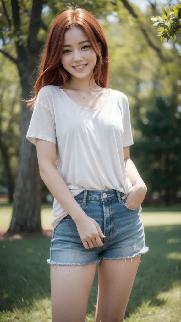 A young woman with long, red hair stands in a park, her face lit by the warm glow of the sun. She is wearing a white t-shirt and denim shorts, and her hands are tucked into her pockets. She is looking off to the side, a smile playing on her lips. She looks carefree and happy.

[Photography, natural light, candid, soft focus, shallow depth of field, muted colors, warm tones, natural texture], [Inspired by the work of Annie Leibovitz and Peter Lindbergh], [Lens: 50mm, f/1.8, ISO 100, shutter speed 1/125 sec, natural light, soft focus, warm tones, muted colors, natural texture, green grass background]