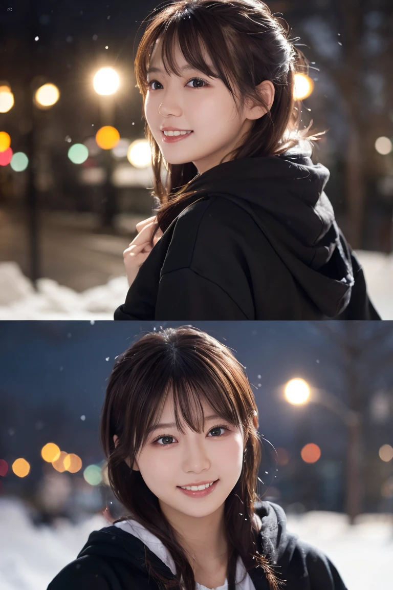 1 Girl, (Wear a black hoodie:1.2), (RAW Photos, highest qualthaty), (Realistic, Realistic:1.4), Tabletop, Very delicate and beautiful, Very detailed, 2k wallpaper, wonderful, finely, Very detailed CG Unthaty 8K 壁紙, Very detailed, High resolution, Soft Light, Beautiful detailed girl, Very detailed目と顔, Beautiful and sophisticated nose, finelyて美しい目, Cinema Lighting, Illuminations that light up the cthaty on a snowy night, Snow Scene, that'that'that'it's snowing, Snow fell in my hair, Perfect Anatomy, Slender body, Was nervous,
Straight semi-long hair, bangs, Looking at the audience, smile、Fluffy scarf、On the bed、pajamas