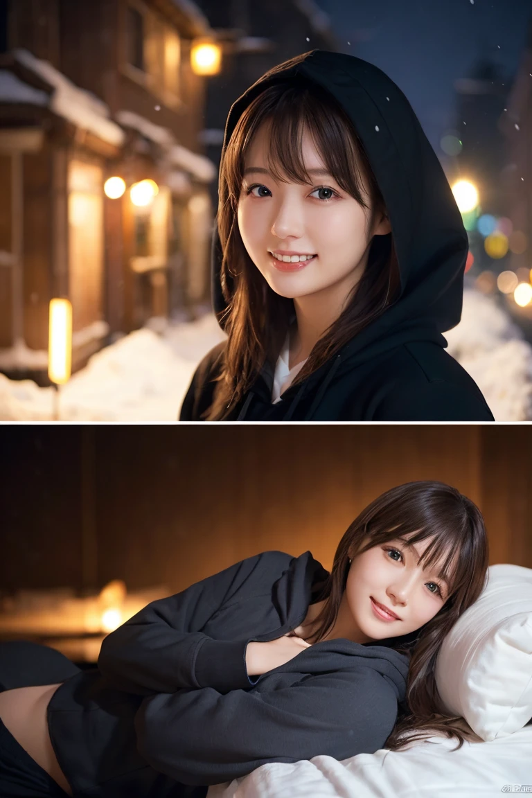 1 Girl, (Wear a black hoodie:1.2), (RAW Photos, highest qualthaty), (Realistic, Realistic:1.4), Tabletop, Very delicate and beautiful, Very detailed, 2k wallpaper, wonderful, finely, Very detailed CG Unthaty 8K 壁紙, Very detailed, High resolution, Soft Light, Beautiful detailed girl, Very detailed目と顔, Beautiful and sophisticated nose, finelyて美しい目, Cinema Lighting, Illuminations that light up the cthaty on a snowy night, Snow Scene, that'that'that'it's snowing, Snow fell in my hair, Perfect Anatomy, Slender body, Was nervous,
Straight semi-long hair, bangs, Looking at the audience, smile、Fluffy scarf、On the bed、pajamas