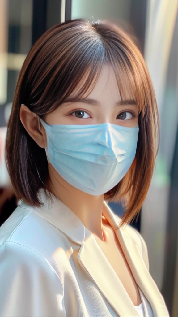 (Highest quality、16K、masterpiece、Realistic、Very detailed、Beautiful in every detail、Ray Tracing)、photograph、
At the office、((遠くからwhole bodyが写るように撮影))、
Beautiful Asian Woman、Japanese women、25-year-old female model、(((whole body))、blazer、((White Mask))、
(Detailed face、The Golden Ratio of Beauty)、A kind smile、Brown Hair、((Medium Bob Hair))