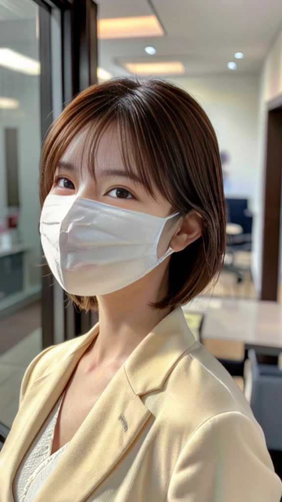 (Highest quality、16K、masterpiece、Realistic、Very detailed、Beautiful in every detail、Ray Tracing)、photograph、
At the office、((遠くからwhole bodyが写るように撮影))、
Beautiful Asian Woman、Japanese women、25-year-old female model、(((whole body))、blazer、((White Mask))、
(Detailed face、The Golden Ratio of Beauty)、A kind smile、Brown Hair、((Medium Bob Hair))