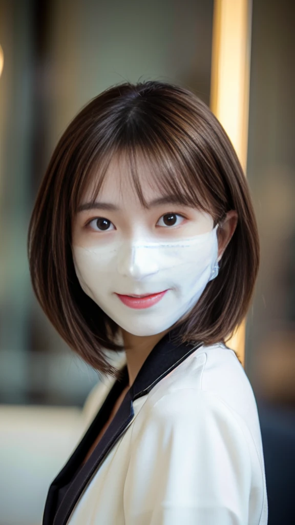 (Highest quality、16K、masterpiece、Realistic、Very detailed、Beautiful in every detail、Ray Tracing)、photograph、
At the office、((遠くからwhole bodyが写るように撮影))、
Beautiful Asian Woman、Japanese women、25-year-old female model、(((whole body))、blazer、((White Mask))、
(Detailed face、The Golden Ratio of Beauty)、A kind smile、Brown Hair、((Medium Bob Hair))