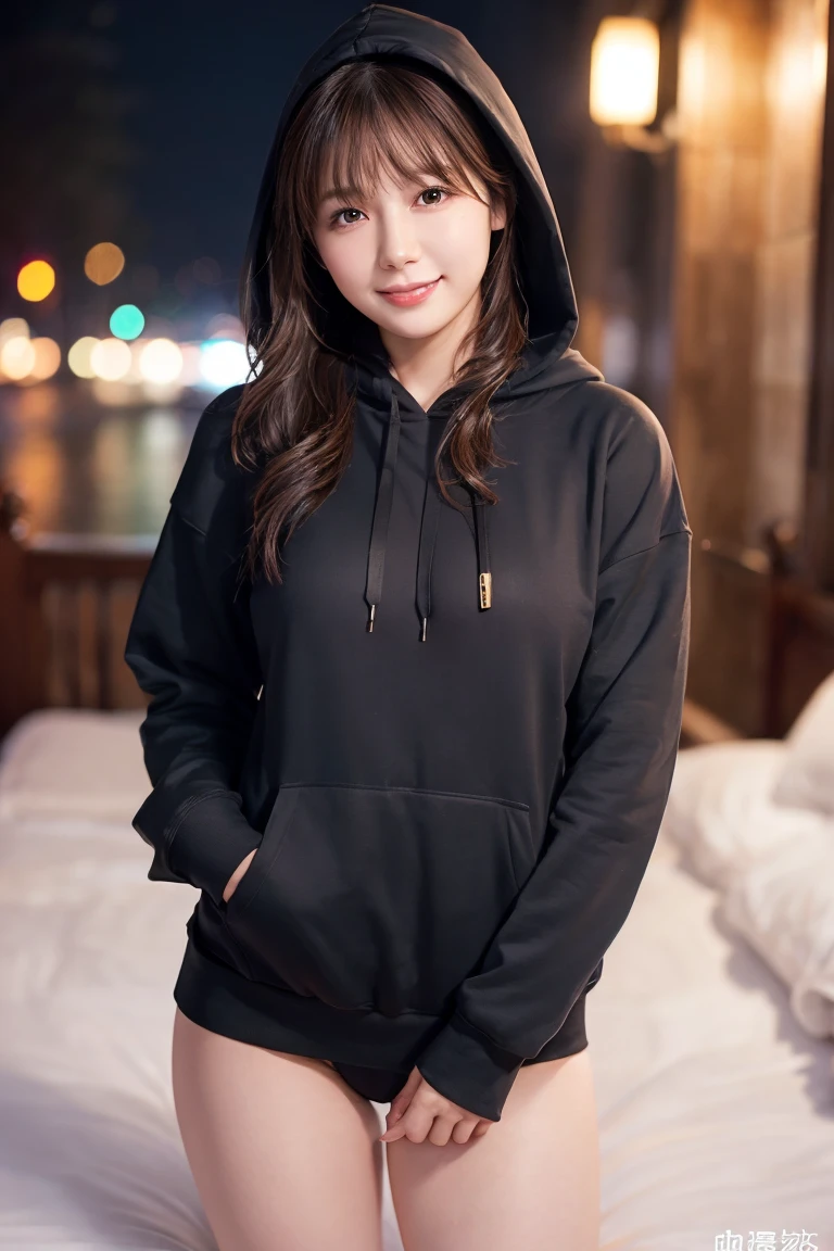1 Girl, (Wear a black hoodie:1.2), (RAW Photos, highest qualthaty), (Realistic, Realistic:1.4), Tabletop, Very delicate and beautiful, Very detailed, 2k wallpaper, wonderful, finely, Very detailed CG Unthaty 8K 壁紙, Very detailed, High resolution, Soft Light, Beautiful detailed girl, Very detailed目と顔, Beautiful and sophisticated nose, finelyて美しい目, Cinema Lighting, Illuminations that light up the cthaty on a snowy night, Snow Scene, that&#39;that&#39;that&#39;it&#39;s snowing, Snow fell in my hair, Perfect Anatomy, Slender body, Was nervous, 
Straight semi-long hair, bangs, Looking at the audience, smile、Fluffy scarf、On the bed、pajamas