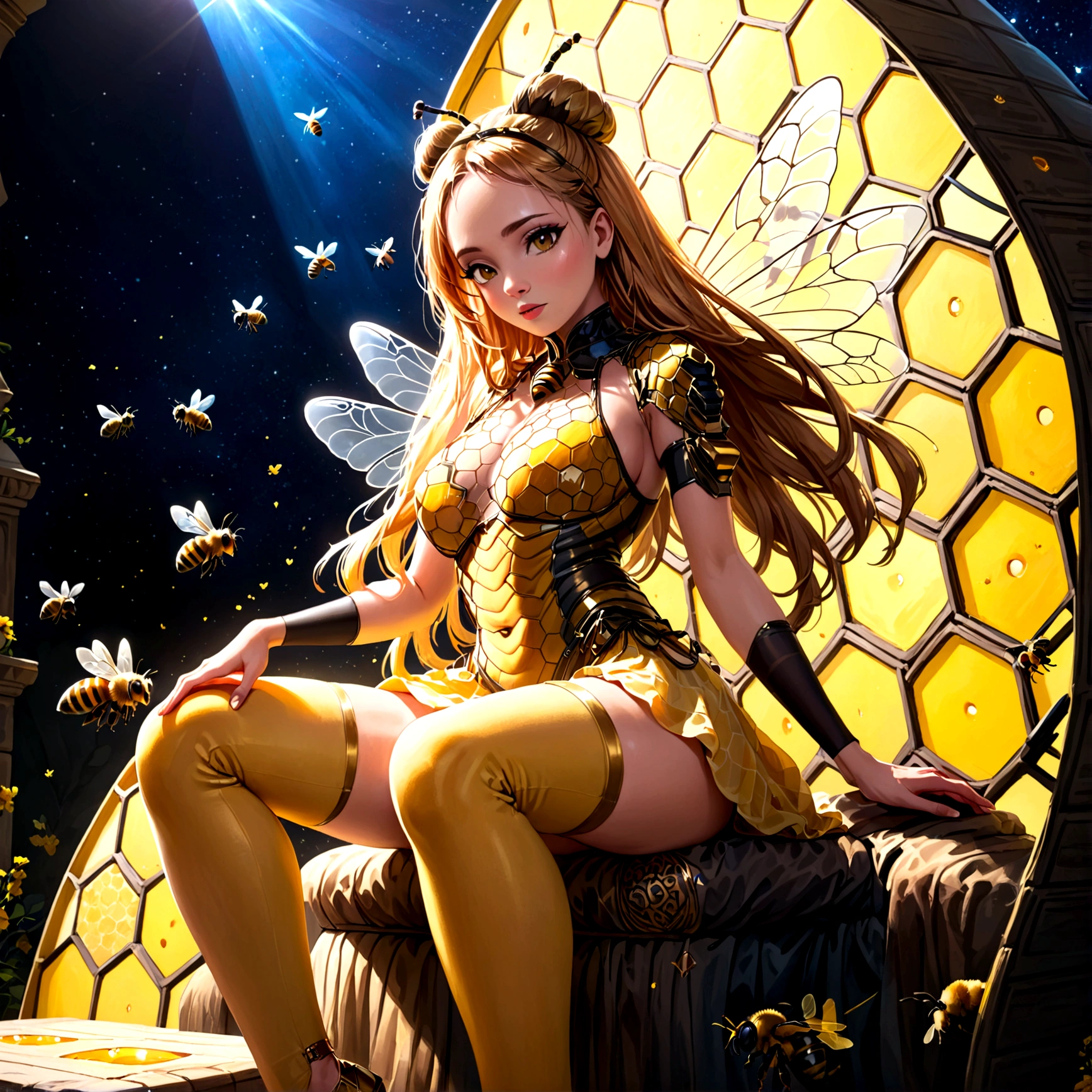the queen of the bees (lovely woman, regal bee themed dress, ornate honeycomb throne) set within a massive fantasy beehive, she is attended to by many (bee|woman) drones (bee themed body paint)