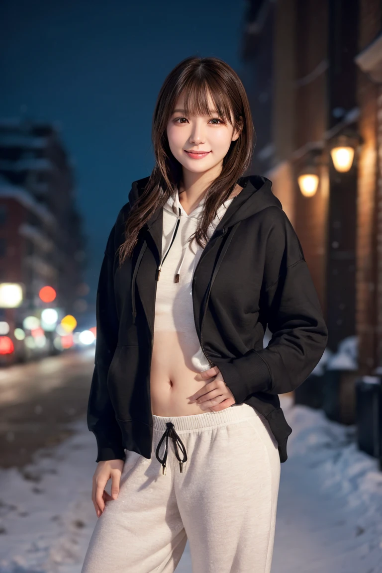 1 Girl, (Wear a black hoodie:1.2), (RAW Photos, highest qualthaty), (Realistic, Realistic:1.4), Tabletop, Very delicate and beautiful, Very detailed, 2k wallpaper, wonderful, finely, Very detailed CG Unthaty 8K 壁紙, Very detailed, High resolution, Soft Light, Beautiful detailed girl, Very detailed目と顔, Beautiful and sophisticated nose, finelyて美しい目, Cinema Lighting, Illuminations that light up the cthaty on a snowy night, Snow Scene, that&#39;that&#39;that&#39;it&#39;s snowing, Snow fell in my hair, Perfect Anatomy, Slender body, Was nervous, 
Straight semi-long hair, bangs, Looking at the audience, smile、Fluffy scarf、On the bed、pajamas