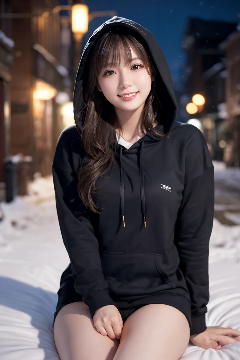 1 Girl, (Wear a black hoodie:1.2), (RAW Photos, highest qualthaty), (Realistic, Realistic:1.4), Tabletop, Very delicate and beautiful, Very detailed, 2k wallpaper, wonderful, finely, Very detailed CG Unthaty 8K 壁紙, Very detailed, High resolution, Soft Light, Beautiful detailed girl, Very detailed目と顔, Beautiful and sophisticated nose, finelyて美しい目, Cinema Lighting, Illuminations that light up the cthaty on a snowy night, Snow Scene, that&#39;that&#39;that&#39;it&#39;s snowing, Snow fell in my hair, Perfect Anatomy, Slender body, Was nervous, 
Straight semi-long hair, bangs, Looking at the audience, smile、Fluffy scarf、On the bed、pajamas