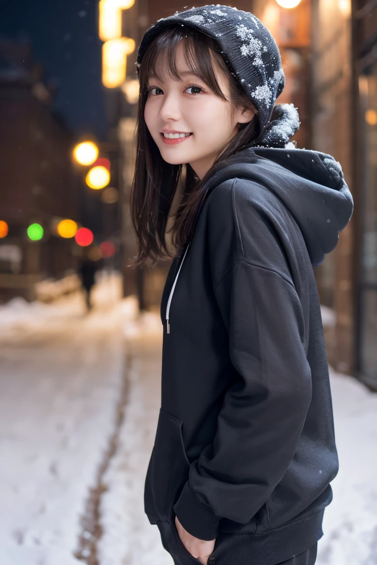 1 Girl, (Wear a black hoodie:1.2), (RAW Photos, highest qualthaty), (Realistic, Realistic:1.4), Tabletop, Very delicate and beautiful, Very detailed, 2k wallpaper, wonderful, finely, Very detailed CG Unthaty 8K 壁紙, Very detailed, High resolution, Soft Light, Beautiful detailed girl, Very detailed目と顔, Beautiful and sophisticated nose, finelyて美しい目, Cinema Lighting, Illuminations that light up the cthaty on a snowy night, Snow Scene, that'that'that'it's snowing, Snow fell in my hair, Perfect Anatomy, Slender body, Was nervous,
Straight semi-long hair, bangs, Looking at the audience, smile、Fluffy scarf、On the bed、pajamas