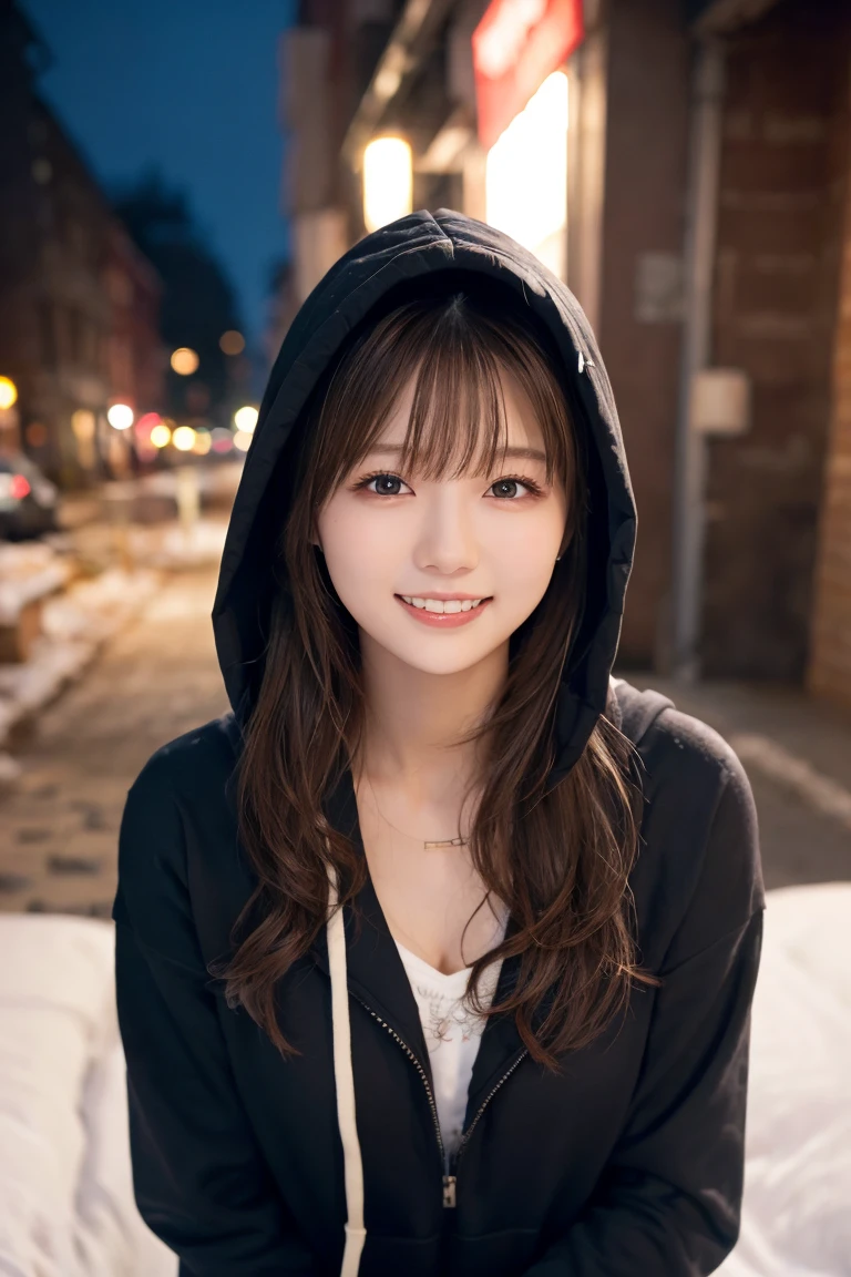1 Girl, (Wear a black hoodie:1.2), (RAW Photos, highest qualthaty), (Realistic, Realistic:1.4), Tabletop, Very delicate and beautiful, Very detailed, 2k wallpaper, wonderful, finely, Very detailed CG Unthaty 8K 壁紙, Very detailed, High resolution, Soft Light, Beautiful detailed girl, Very detailed目と顔, Beautiful and sophisticated nose, finelyて美しい目, Cinema Lighting, Illuminations that light up the cthaty on a snowy night, Snow Scene, that&#39;that&#39;that&#39;it&#39;s snowing, Snow fell in my hair, Perfect ???????, Slender body, Was nervous, 
Straight semi-long hair, bangs, Looking at the audience, smile、Fluffy scarf、On the bed、pajamas