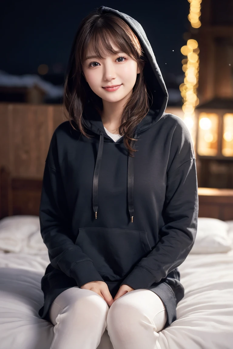 1 Girl, (Wear a black hoodie:1.2), (RAW Photos, highest qualthaty), (Realistic, Realistic:1.4), Tabletop, Very delicate and beautiful, Very detailed, 2k wallpaper, wonderful, finely, Very detailed CG Unthaty 8K 壁紙, Very detailed, High resolution, Soft Light, Beautiful detailed girl, Very detailed目と顔, Beautiful and sophisticated nose, finelyて美しい目, Cinema Lighting, Illuminations that light up the cthaty on a snowy night, Snow Scene, that&#39;that&#39;that&#39;it&#39;s snowing, Snow fell in my hair, Perfect Anatomy, Slender body, Was nervous, 
Straight semi-long hair, bangs, Looking at the audience, smile、Fluffy scarf、On the bed、pajamas