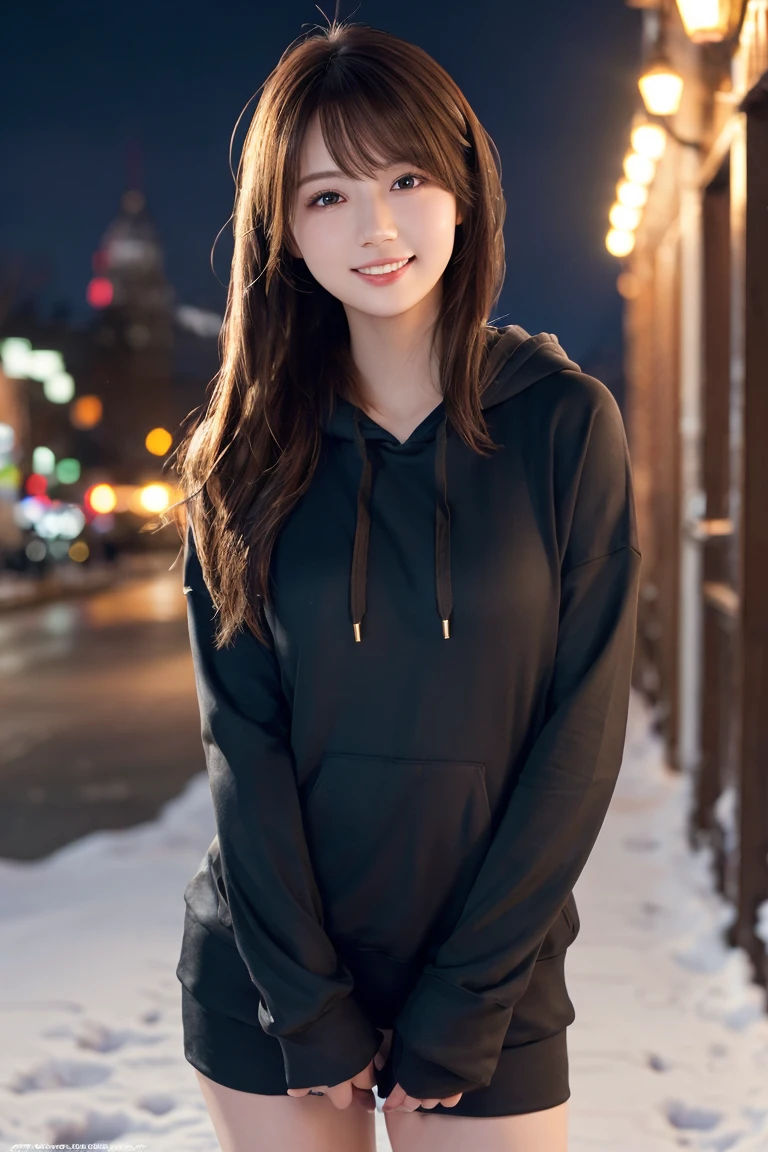 1 Girl, (Wear a black hoodie:1.2), (RAW Photos, highest qualthaty), (Realistic, Realistic:1.4), Tabletop, Very delicate and beautiful, Very detailed, 2k wallpaper, wonderful, finely, Very detailed CG Unthaty 8K 壁紙, Very detailed, High resolution, Soft Light, Beautiful detailed girl, Very detailed目と顔, Beautiful and sophisticated nose, finelyて美しい目, Cinema Lighting, Illuminations that light up the cthaty on a snowy night, Snow Scene, that&#39;that&#39;that&#39;it&#39;s snowing, Snow fell in my hair, Perfect Anatomy, Slender body, Was nervous, 
Straight semi-long hair, bangs, Looking at the audience, smile、Fluffy scarf、On the bed、pajamas