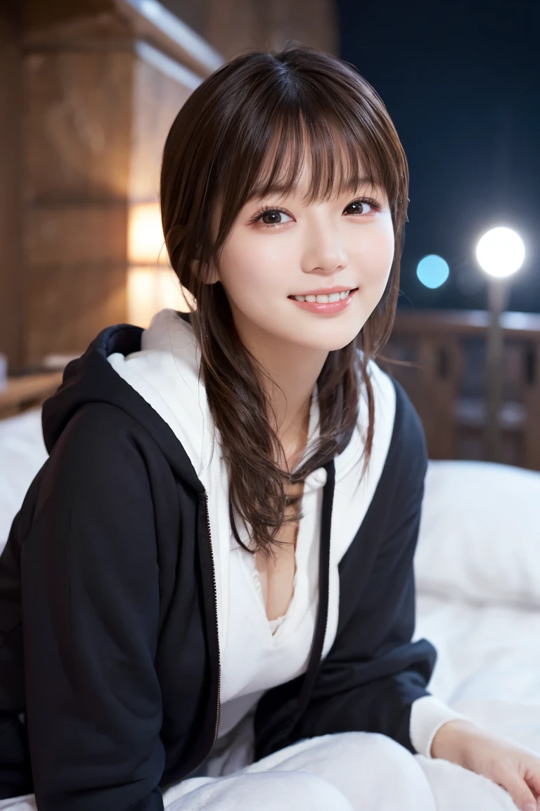 1 Girl, (Wear a black hoodie:1.2), (RAW Photos, highest qualthaty), (Realistic, Realistic:1.4), Tabletop, Very delicate and beautiful, Very detailed, 2k wallpaper, wonderful, finely, Very detailed CG Unthaty 8K 壁紙, Very detailed, High resolution, Soft Light, Beautiful detailed girl, Very detailed目と顔, Beautiful and sophisticated nose, finelyて美しい目, Cinema Lighting, Illuminations that light up the cthaty on a snowy night, Snow Scene, that'that'that'it's snowing, Snow fell in my hair, Perfect Anatomy, Slender body, Was nervous,
Straight semi-long hair, bangs, Looking at the audience, smile、Fluffy scarf、On the bed、pajamas