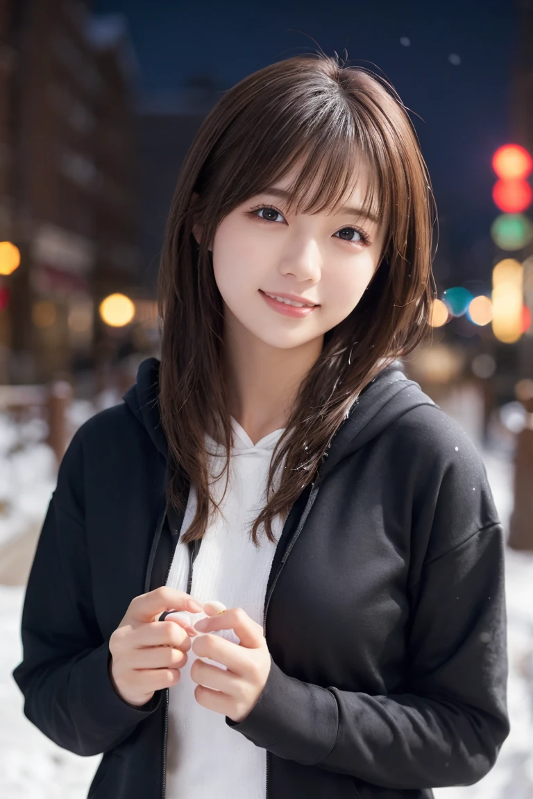 1 Girl, (Wear a black hoodie:1.2), (RAW Photos, highest qualthaty), (Realistic, Realistic:1.4), Tabletop, Very delicate and beautiful, Very detailed, 2k wallpaper, wonderful, finely, Very detailed CG Unthaty 8K 壁紙, Very detailed, High resolution, Soft Light, Beautiful detailed girl, Very detailed目と顔, Beautiful and sophisticated nose, finelyて美しい目, Cinema Lighting, Illuminations that light up the cthaty on a snowy night, Snow Scene, that'that'that'it's snowing, Snow fell in my hair, Perfect Anatomy, Slender body, Was nervous,
Straight semi-long hair, bangs, Looking at the audience, smile、Fluffy scarf、On the bed、pajamas