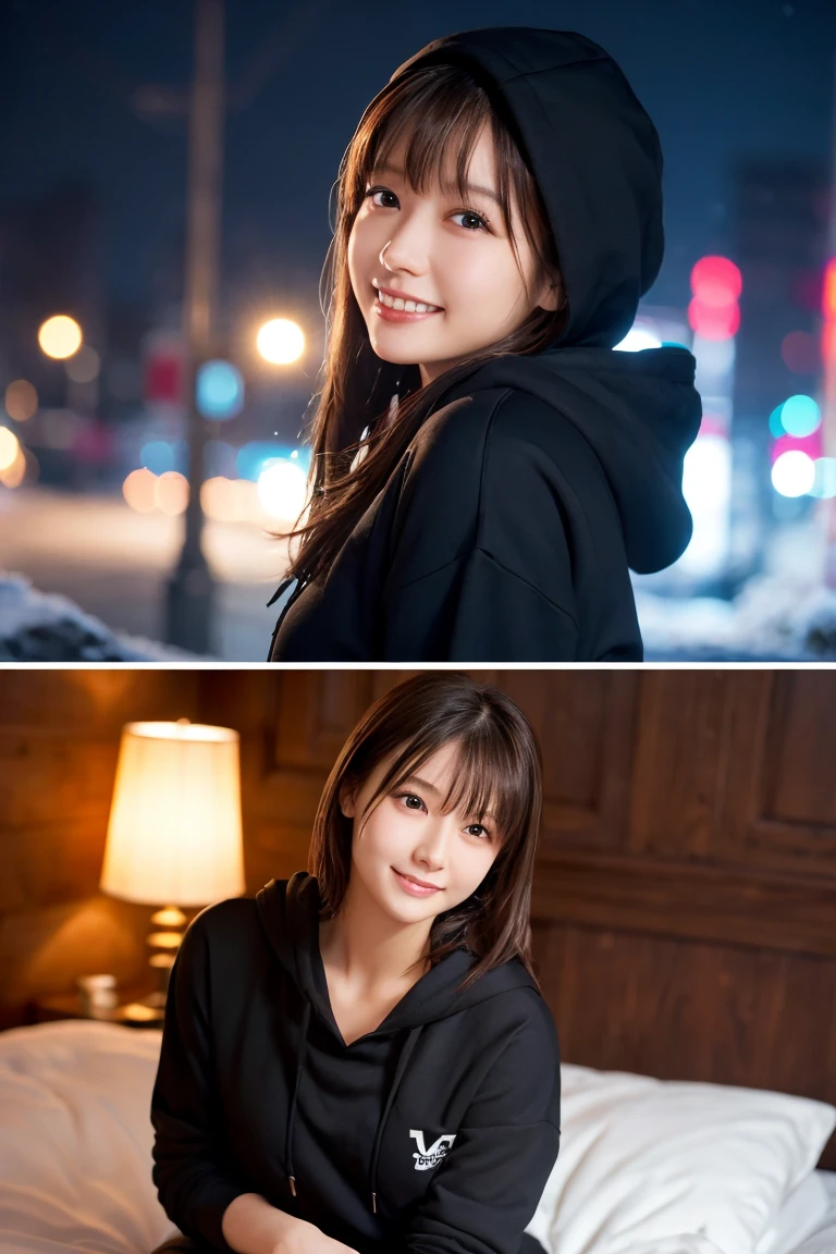 1 Girl, (Wear a black hoodie:1.2), (RAW Photos, highest qualthaty), (Realistic, Realistic:1.4), Tabletop, Very delicate and beautiful, Very detailed, 2k wallpaper, wonderful, finely, Very detailed CG Unthaty 8K 壁紙, Very detailed, High resolution, Soft Light, Beautiful detailed girl, Very detailed目と顔, Beautiful and sophisticated nose, finelyて美しい目, Cinema Lighting, Illuminations that light up the cthaty on a snowy night, Snow Scene, that&#39;that&#39;that&#39;it&#39;s snowing, Snow fell in my hair, Perfect Anatomy, Slender body, Was nervous, 
Straight semi-long hair, bangs, Looking at the audience, smile、Fluffy scarf、On the bed、pajamas