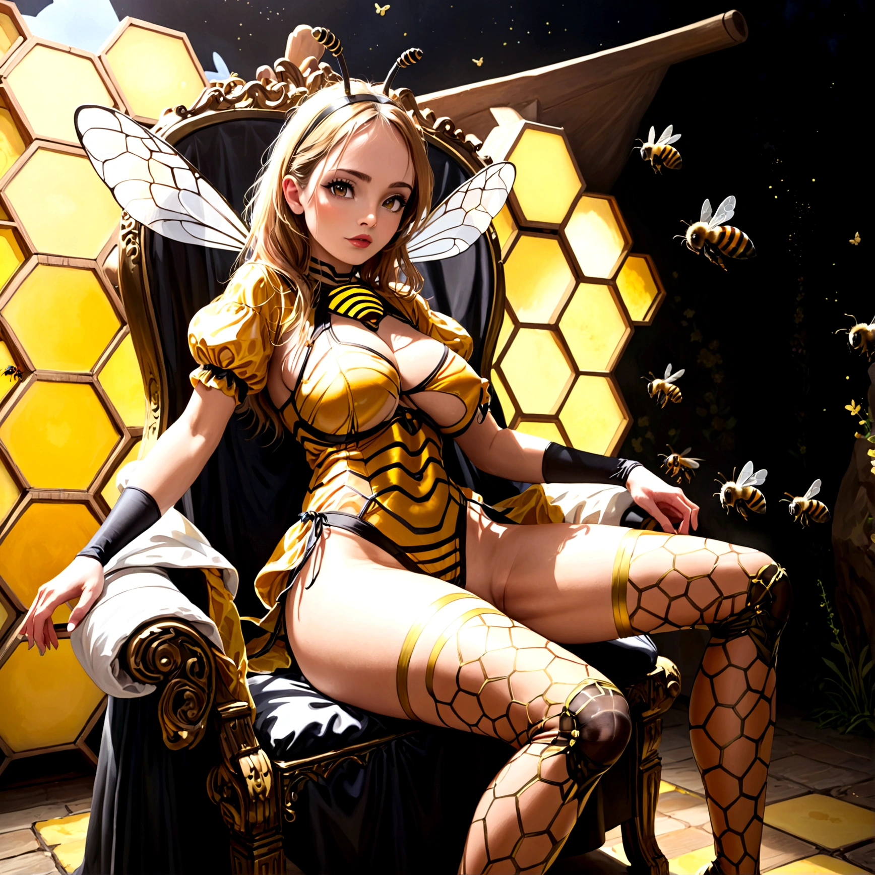 the queen of the bees (lovely woman, regal bee themed dress, ornate honeycomb throne) set within a massive fantasy beehive, she is attended to by many (bee|woman) drones (bee themed body paint)