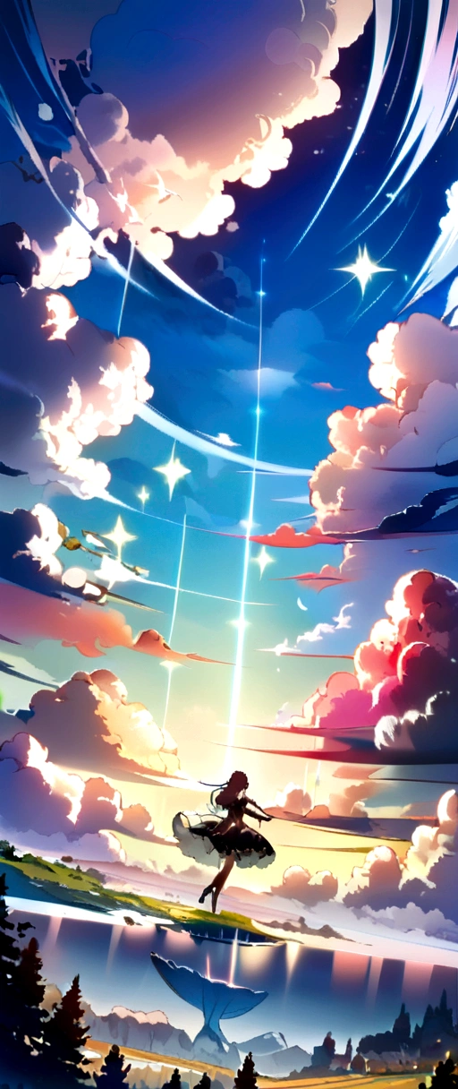 (masterpiece, top quality, best quality, official art, beautiful and aesthetic:1.2),cover art,
sleek,dark,highly detailed,Dynamic Angle,Dynamic posture,
xuer swing,high gloss,extremely beautiful skin,natural skin texture,(Milky skin:1.2),(shiny skin:1.4),1gir,solo,Dresses,
(red and black butterflies:1.1),
only sky,There are clouds where water and sky connect,(Colorful clouds),depth of field,beautiful detailed sky,beautiful detailed cloud,floating,finely detail,(bloom),(shine),glinting stars,feather,nature,(sunlight),((fairyland)),
