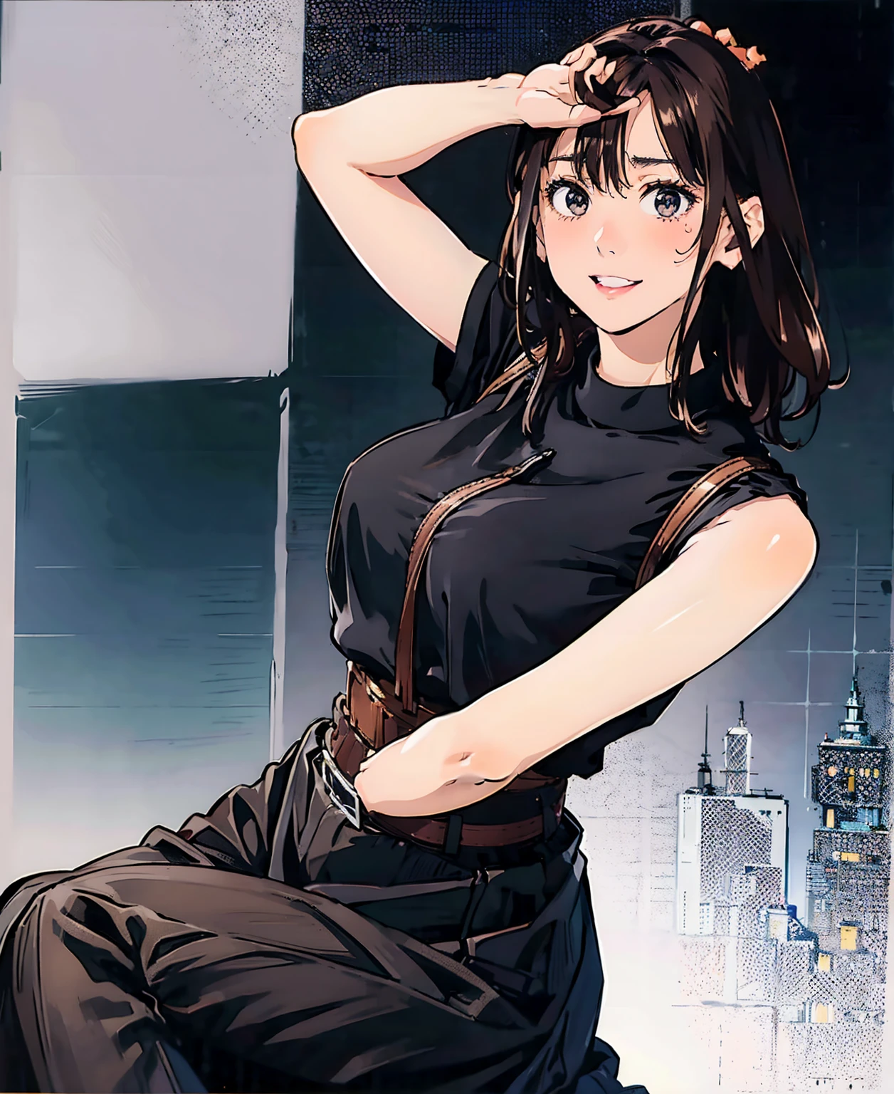 Black Skirt, 　suspenders, Brown hair Gray eyes, 脚にガーターbelt, Tight black clothes, 　　 belt　Armpit sweat　　Bright expression　Moderate bust　holster　Put your hands behind your back、Double Exposure 、（Kneeling pose），Expressing the city with multiple exposures,sit