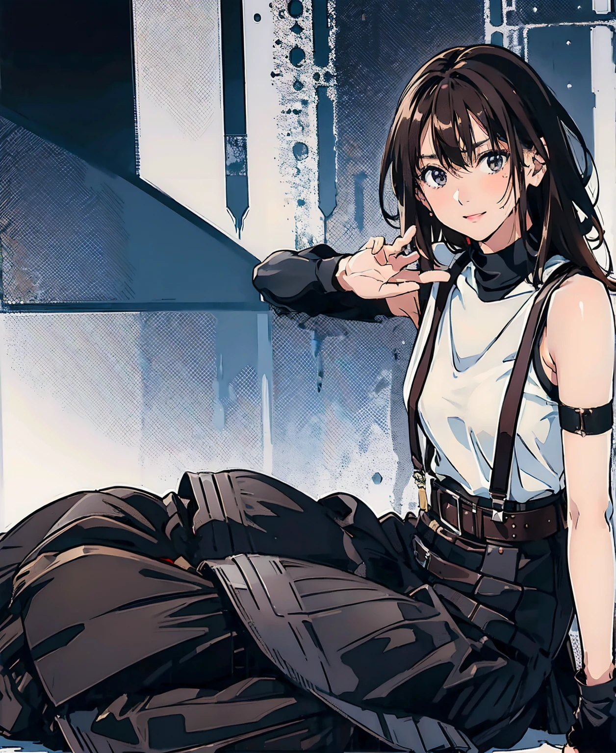 Black Skirt, 　suspenders, Brown hair Gray eyes, 脚にガーターbelt, Tight black clothes, 　　 belt　Armpit sweat　　Bright expression　Moderate bust　holster　Put your hands behind your back、Double Exposure 、（Kneeling pose），Expressing the city with multiple exposures,sit