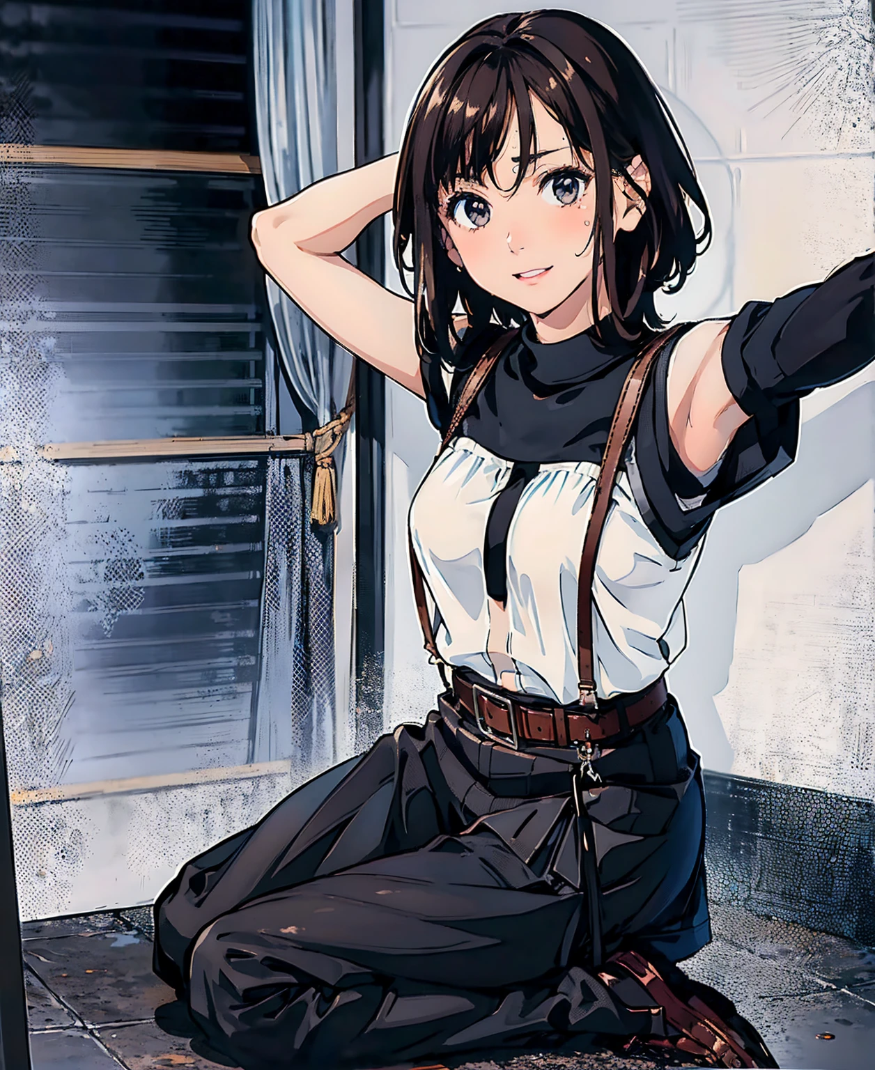 Black Skirt, 　suspenders, Brown hair Gray eyes, 脚にガーターbelt, Tight black clothes, 　　 belt　Armpit sweat　　Bright expression　Moderate bust　holster　Put your hands behind your back、Double Exposure 、（Kneeling pose），Expressing the city with multiple exposures,sit