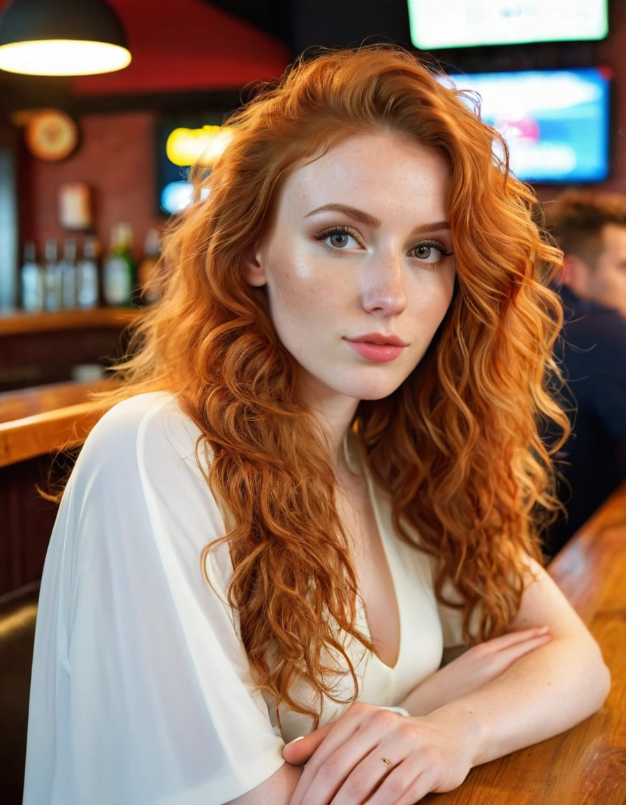 Photography full body portrait of a very beautiful realistic girl, sitting in a bar, Watching football, Germany Fan, porcelain skin, very light skin, very pale skin, redhead, wavy, open hair, Detail of skin structure, hazel eyes, Slit eyes, small-nose, small nostril, think of arched eyebrows, thick lower lip, seductive glance, happy face, unique face, Wear a casual dress, detailed photo, foto realista, Masterpiece Image, sharp image, Dimmed light

